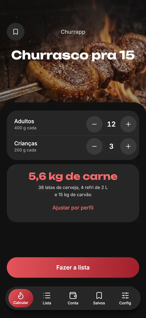 Tela da calculadora: 15 pessoas, 5,6 kg de carne