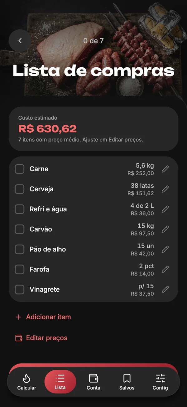 Tela da lista de compras, com o custo estimado