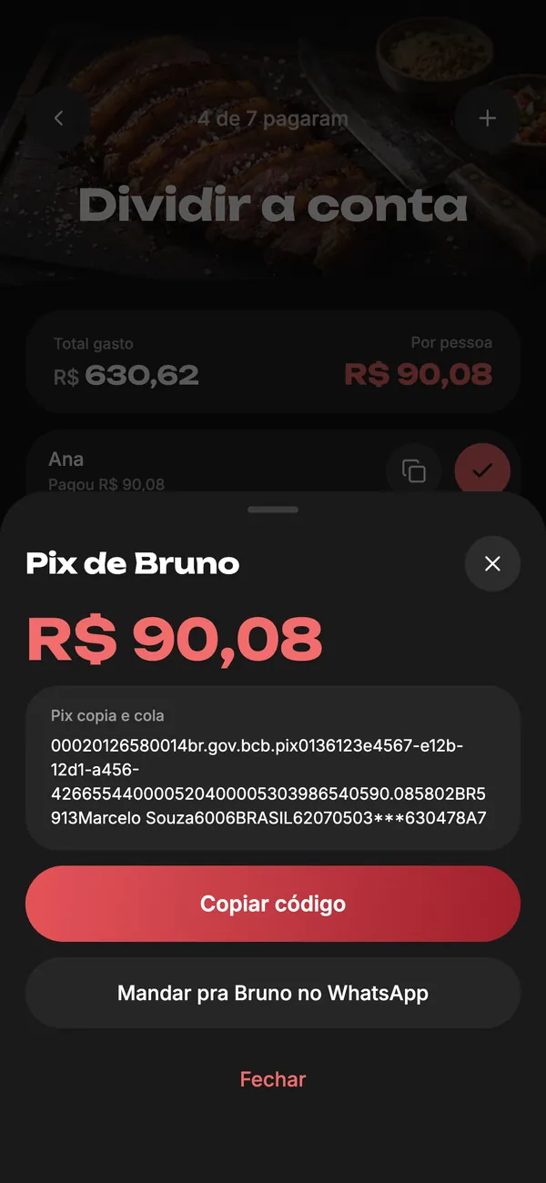 Tela do Pix de Bruno, R$ 90,08, com o código copia e cola